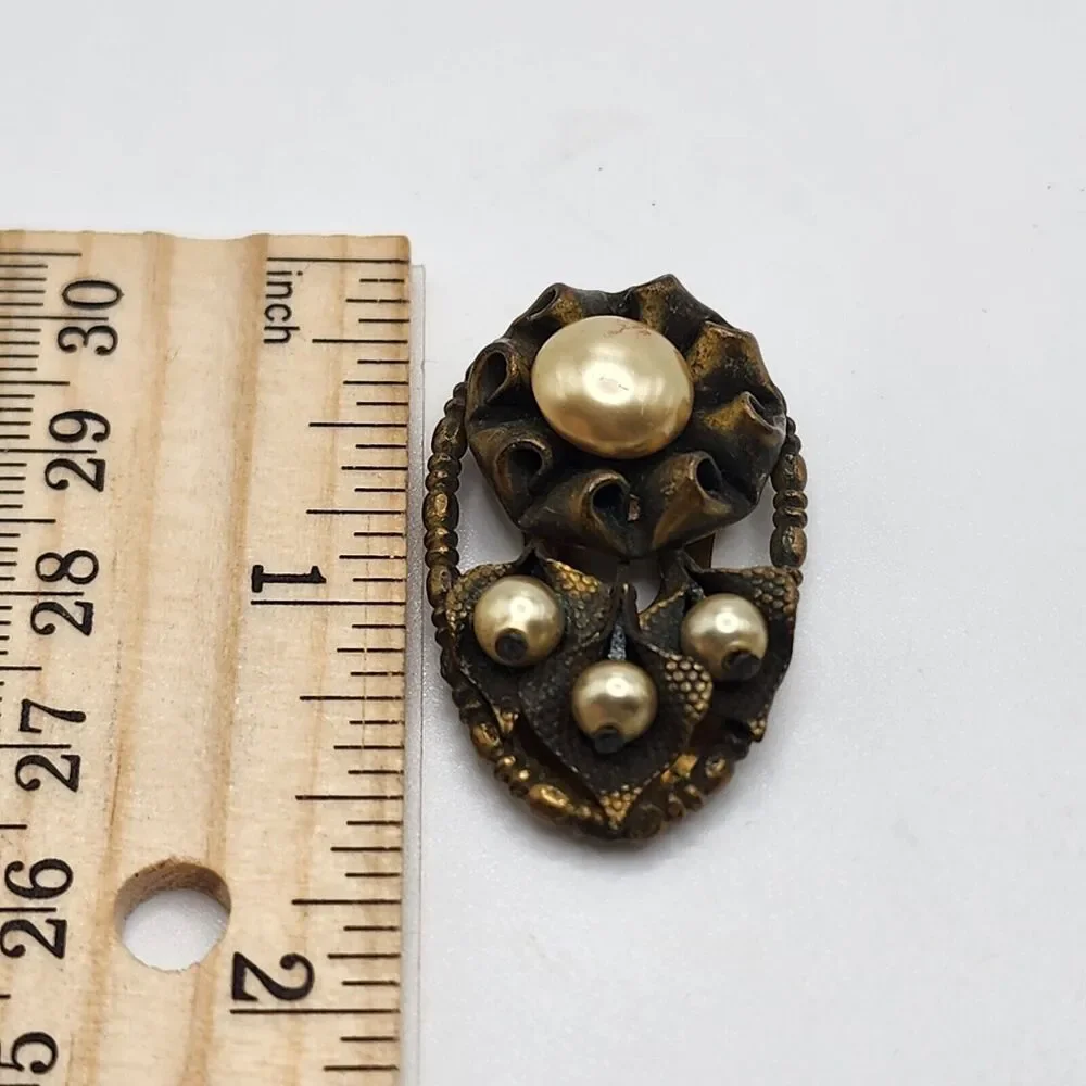 Vintage Antique Ornate Dress Clip Faux Pearls Flowers Antiqued Gold Tone